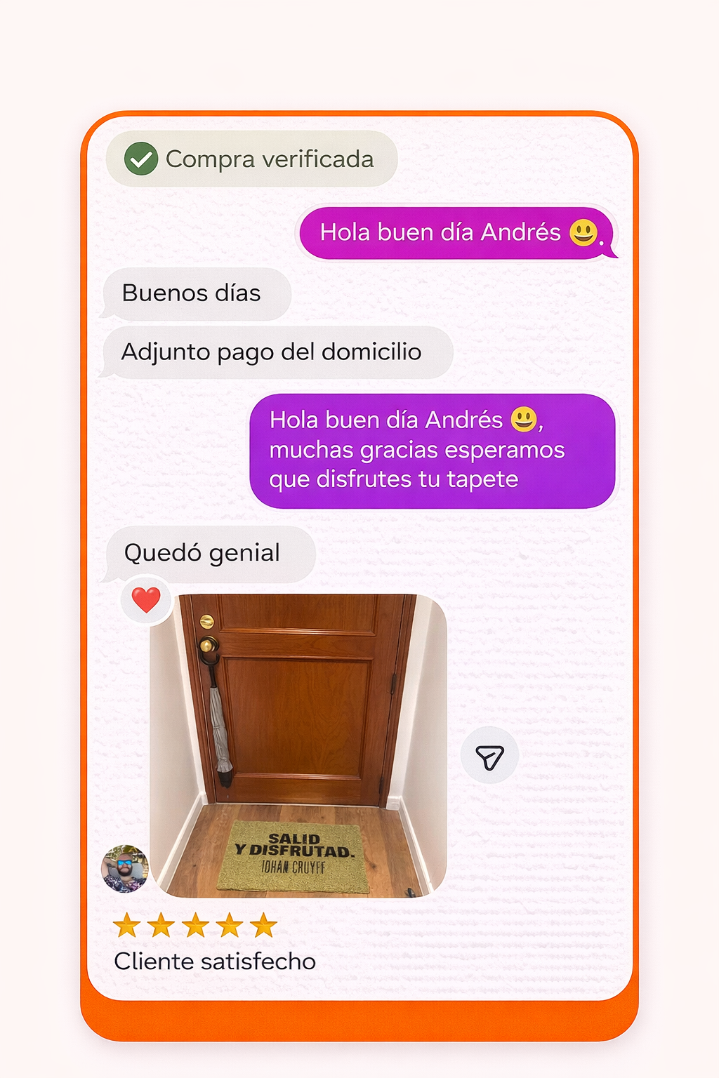 Captura de WhatsApp con Wilmer de Medellín — cliente satisfecho con tapete personalizado