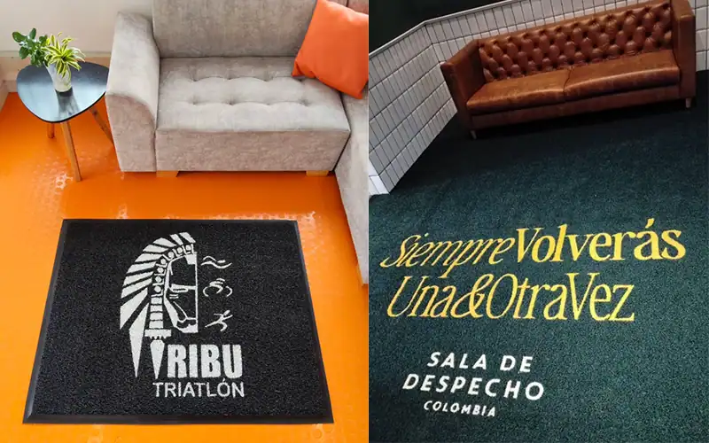 Tapete atrapamugre publicitario personalizado con logo instalado en entrada de negocio