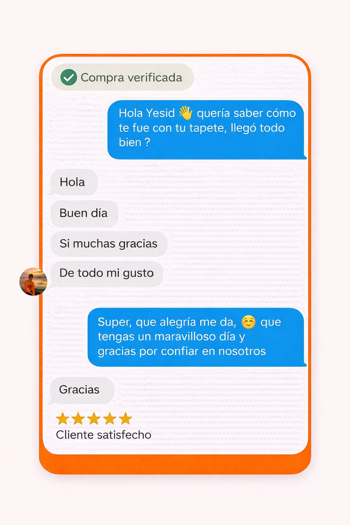 Captura de WhatsApp con Yesid de Cali — cliente de tapetes publicitarios por más de 5 años