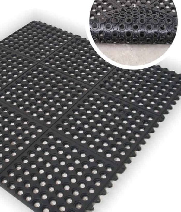 Alfombra antideslizante de caucho para protección y seguridad en espacios interiores y exteriores.